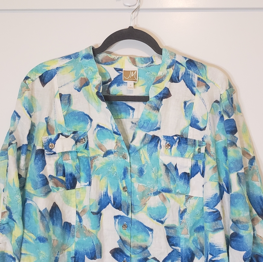 JM Collection Linen Button Down Shirt Front Pockets 3/4 Sleeves Sz 18 Blue Green - Picture 2 of 15